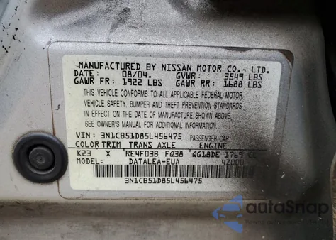 2005 Nissan Sentra 1.8 z USA, uszkodzony, nr VIN 3N1CB51D85L456475